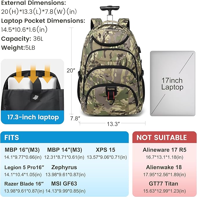 Boavan Rolling Backpack,17 inch Water Resistant Wheeled Backpack,Carry on Luggage Business Bag, Overnight College Computer Bag Trolley Suitcase for Men Women Adults to Travel