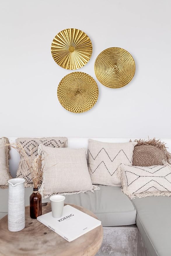 Briful 12" Gold Wall Décor Pack of 3 Metal Starbursts Radial Plate Wall Art Modern Accent Hanging Wall Decorations For Home Office Bedroom Or Living Room Wall Sculptures