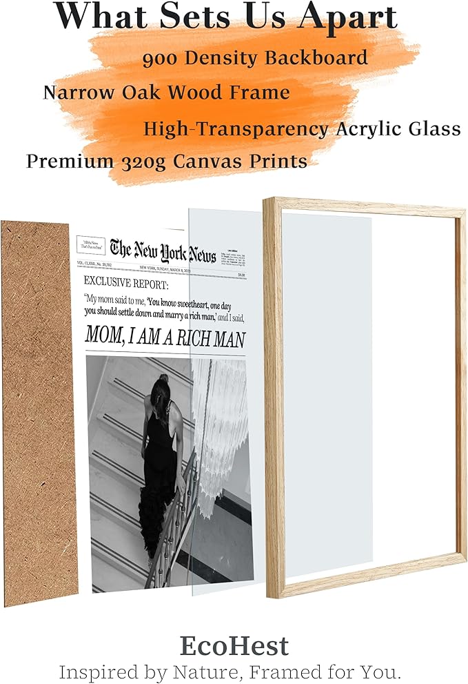 EcoHest Small Trendy Newspaper Framed Wall Art, 8x10 in OAK Wood Mom I Am a Rich Man Canvas Art, Magazine Girly Poster College Dorm Decor, Beige Logs Set of 1 for Bedroom Living Room