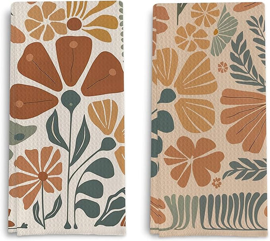 Abstract Boho Floral Kitchen Towels Set of 2, 70s Retro Groovy Dish Towels for Kitchen, Vintage Boho Hand Towels for Bathroom, 16x24 Inches