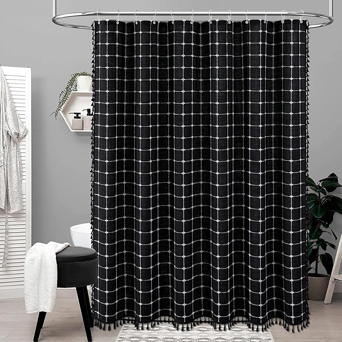 BTTN Boho Farmhouse Shower Curtain, Linen Heavy Duty Fabric Shower Curtain Set with Tassel, Water Repellent, Bohemian Vintage Country Polyester Shower Curtains for Bathroom, Black and White, 72x72