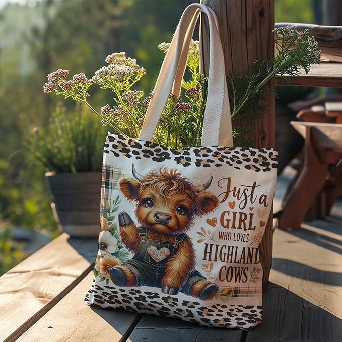 Western Highland Cow Canvas Tote Bag - Highland Cow Lover Gifts,Canvas Shoulder Bag for Women for Girls