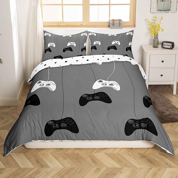 Feelyou Gaming Bedding Set for Boys Gamer Duvet Cover Reversible Geometric Pattern,Video Game Decor Comforter Cover Teens Kids 2 Pieces 1 Duvet Cover with 1 Pillowsham Grey White No Comforter (Twin)