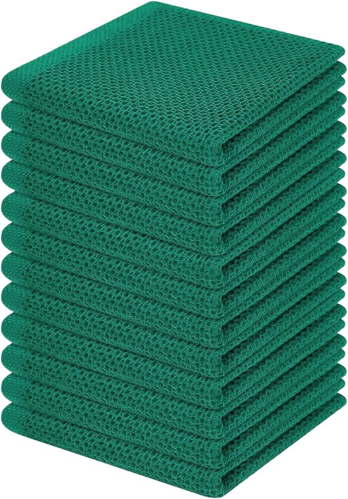 Homaxy 100% Cotton Waffle Weave Kitchen Dish Cloths, Ultra Soft Absorbent Quick Drying Dish Towels, 12 x 12 Inches, 12-Pack, Dark Green