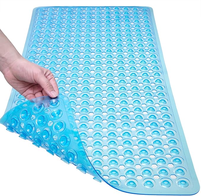 Bath Mat for Tub & Shower, Non Slip Soft Bathmat with Suction Cups & Drain Holes, Machine Washable Bathtub Floor Liner Mats for Bathroom, 35x16 Inch, Clear Blue