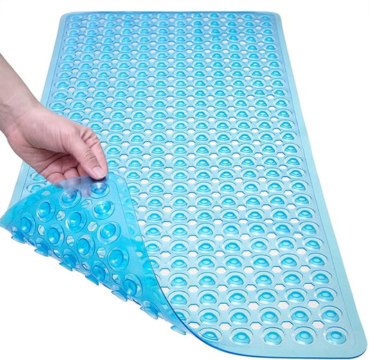 Bath Mat for Tub & Shower, Non Slip Soft Bathmat with Suction Cups & Drain Holes, Machine Washable Bathtub Floor Liner Mats for Bathroom, 35x16 Inch, Clear Blue
