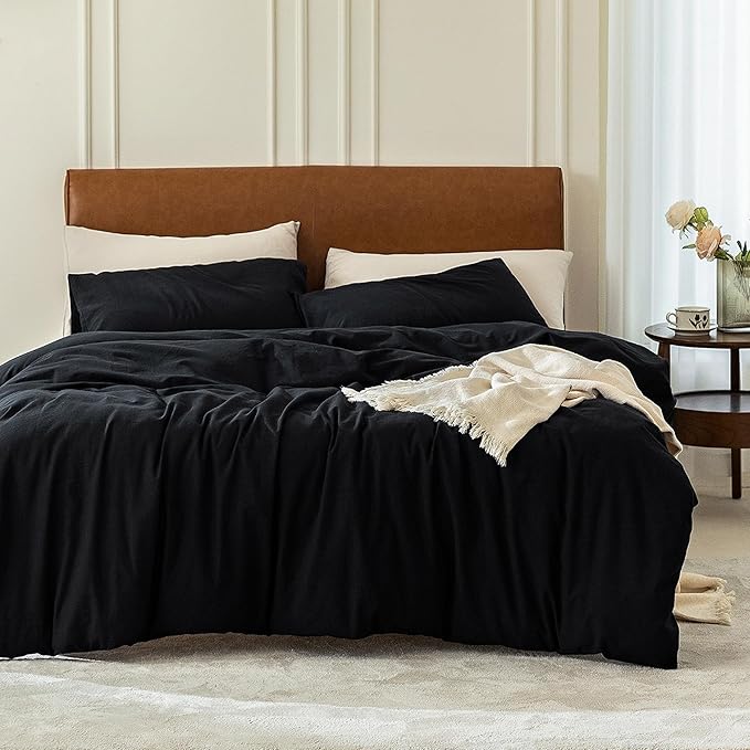 FOSSA Duvet Cover Set 100% Washed Cotton 2 Pieces Bedding Set Twill Soft Cozy Breathable Sturdy Substantial with Textured Weave Solid Black Twin/Twin XL