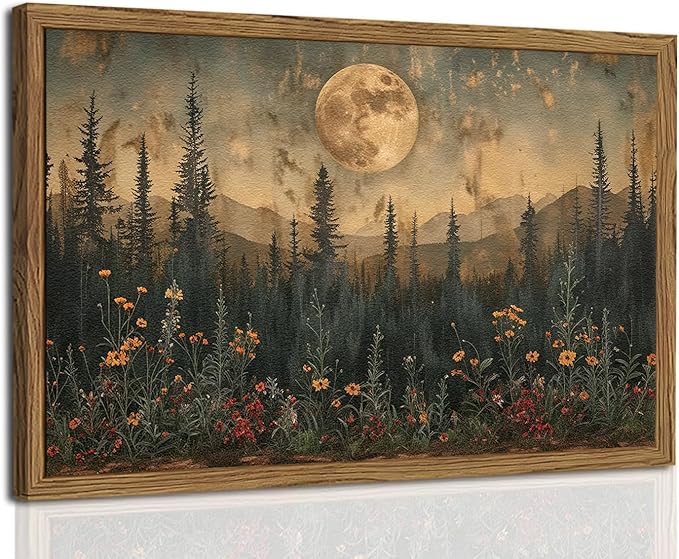 Vintage Moon Forest Wall Art, 3D Textured Nature Landscape Wall Decor Paintings, Hand Drawn Sandstone Woodland Wildflower Picture Prints Artwork for Bedroom Living Room 12x16 inch Wood Framed