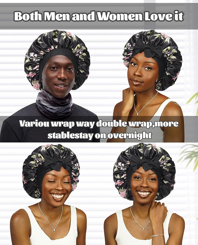 Satin Bonnet Silk Bonnet for Sleeping Silk Sleep Cap Double Layer Hair Bonnet with Elastic Tie Band for Curly Hair Night Cap (Black flower+Green)