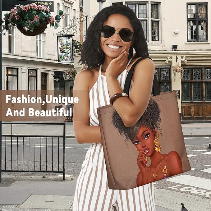 African American Women Tote Bag Black Shoulder Handbag For Women Fit Work Beach Labtops With Zip