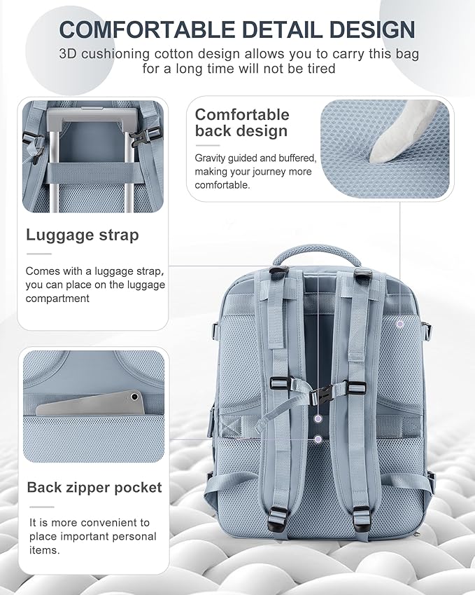 coowoz Large Travel Backpack Carry On for Women Man Waterproof Gym Backpack with Laptop Compartment Mochila de Viaje Teacher Personal Item Backpacks Rucksack Airplane Accessories Must Haves Gray Blue