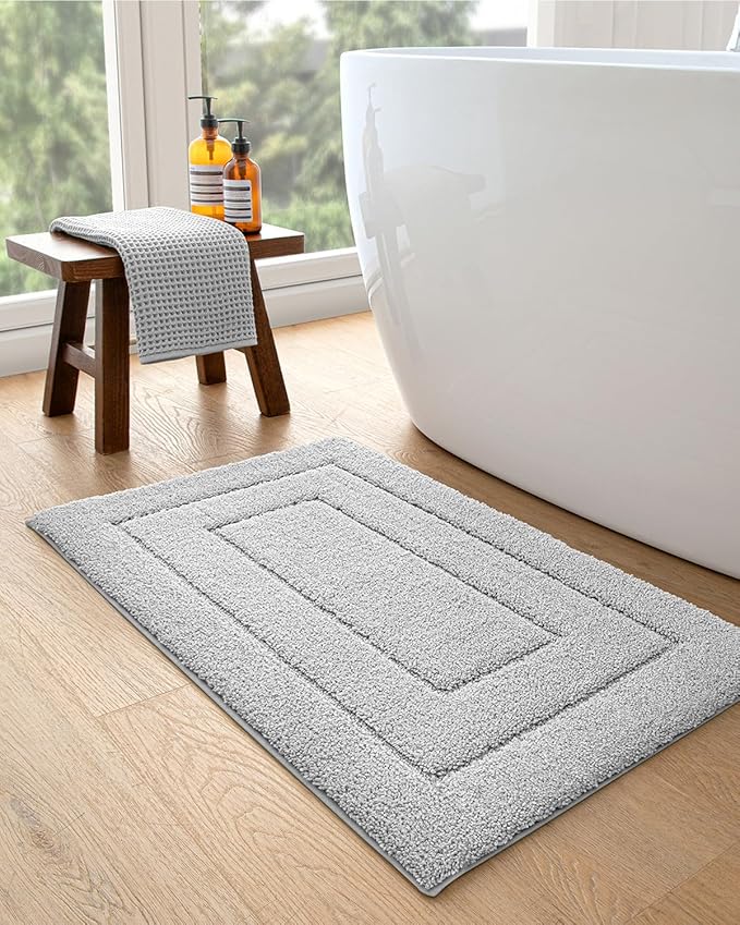 DEXI Bathroom Rug 24x16, Non Slip Washable Bath Mat for Shower Floor, Absorbent Soft Bathmat with Rubber Backing, Quick Dry Microfiber Carpet, Light Grey