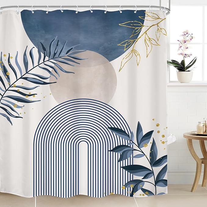 Blue Gray Boho Shower Curtain 72Wx84H Extra Long Dusty Blue Modern Bohemian Abstract Gold Leaf Mid Century Plant Bathroom Decor Minimalist Geometric Bath Curtain Fabric Polyester 12 Pack Hooks