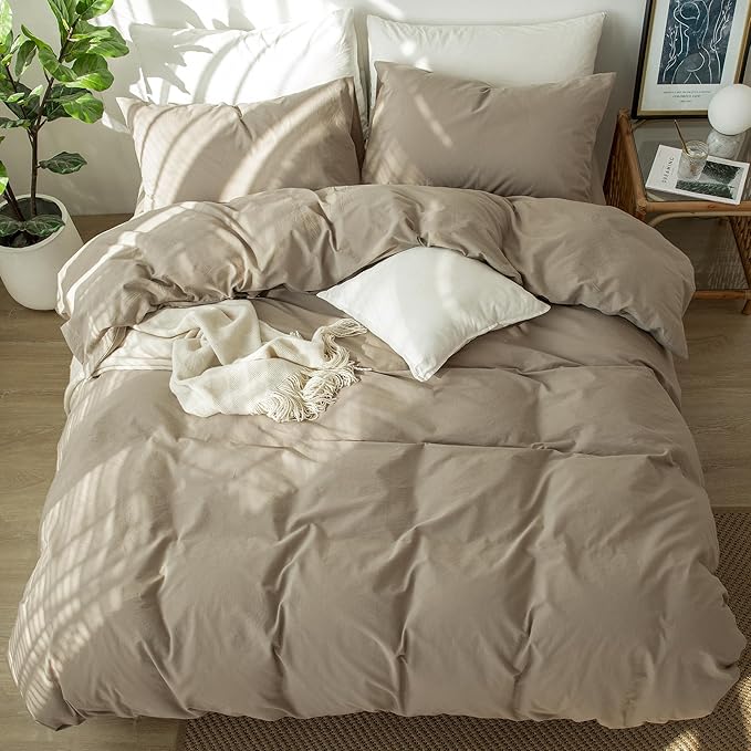 MooMee Bedding Duvet Cover Set 100% Washed Cotton Linen Like Textured Breathable Durable Soft Comfy (Solid Light Camel, Oversized King Plus 128"x120")
