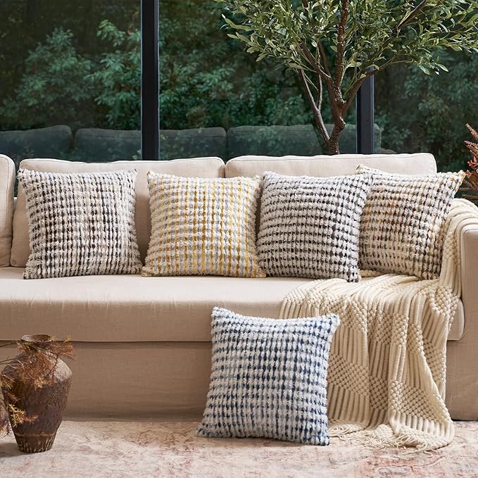 Aeckself Boho Chenille Tufted Pillow Cover 18x18 Inch, Decorative Square Throw Pillow Cover Neutral Pillowcase for Couch Bedroom Living Room, Blue White