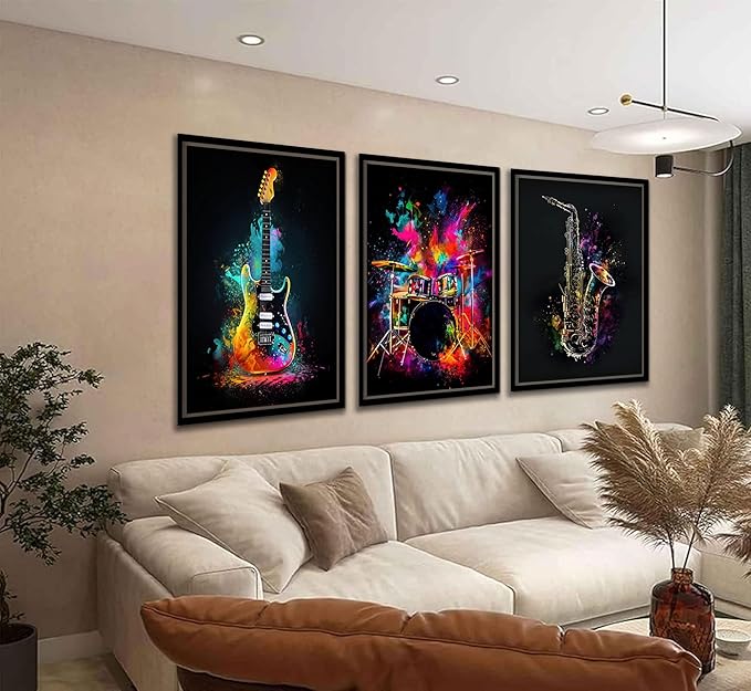 3pcs Musical Instrument Graffiti Canvas Wall Art Pop Music Instrument Style Posters Prints Rock Electric Guitar Jazz Drum Wall Decor Pictures for Living Room Bedroom Home Decoration Unframed