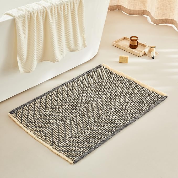 Woven Bath Mat,Upgraded Waffle Self Drying Bath Rug,Super Absorbent Non Slip Bath Drying Mat,Floor Rugs Non Slip Washable for Shower Room,Ultra Soft,Bluish Grey & Yellow,24"*36"