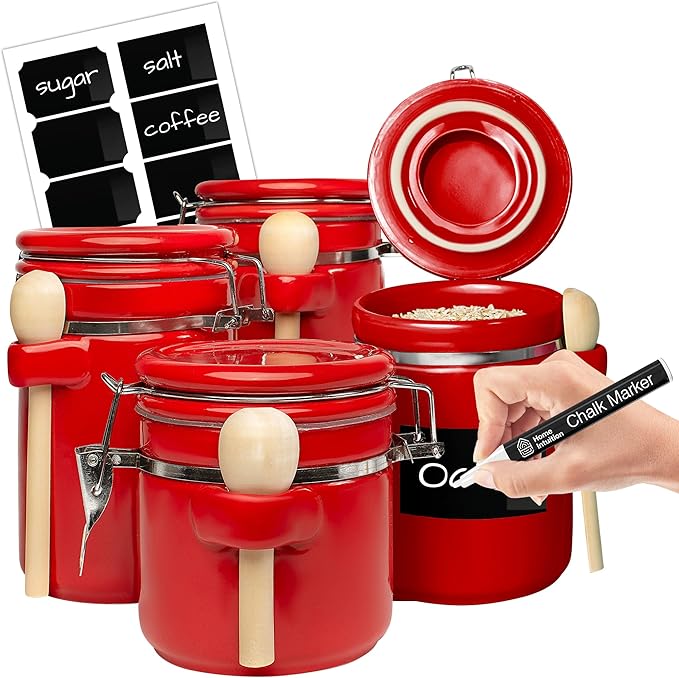 Home Intuition Smell Proof 4-Piece Ceramic Kitchen Canisters Set, Airtight Containers with Wooden Spoons Reusable Chalk Labels and Marker for Sugar, Coffee, Flour, Tea (Red)