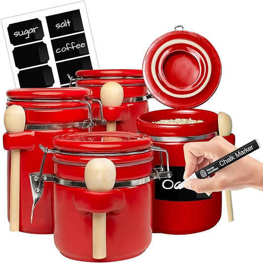 Home Intuition Smell Proof 4-Piece Ceramic Kitchen Canisters Set, Airtight Containers with Wooden Spoons Reusable Chalk Labels and Marker for Sugar, Coffee, Flour, Tea (Red)