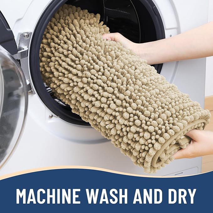 Arotive Luxury Chenille Bathroom Rug Mat, Extra Soft Thick Absorbent Shaggy Bath Rugs, Non-Slip Machine Wash Dry, Plush Bath Mats for Bathroom, Shower and Tub, 60x24, Beige