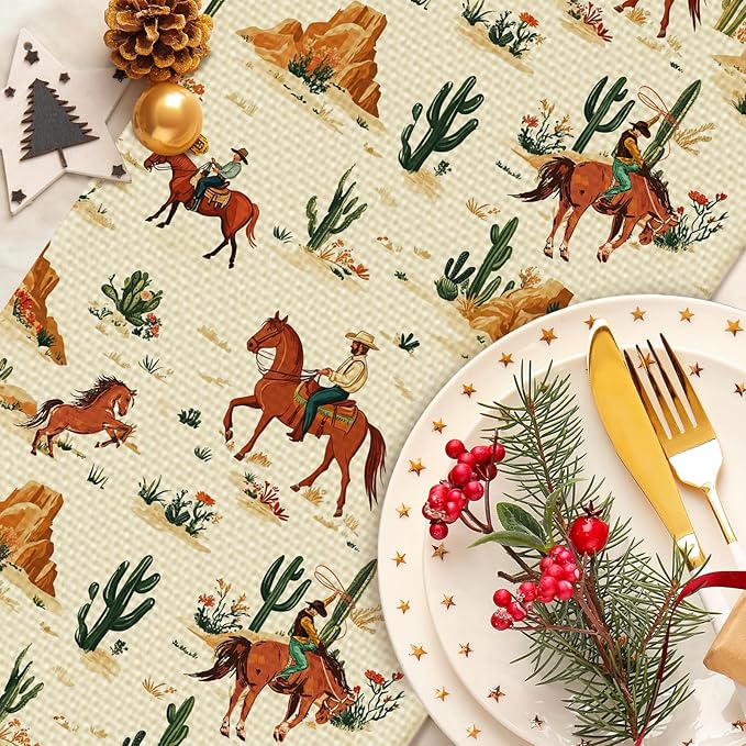Western Boy Horse Burlap Table Runner Seasonal Spring Fall Kitchen Dining Linen Table Decoration for Indoor Outdoor Home Party Dinner 13x72 Inch