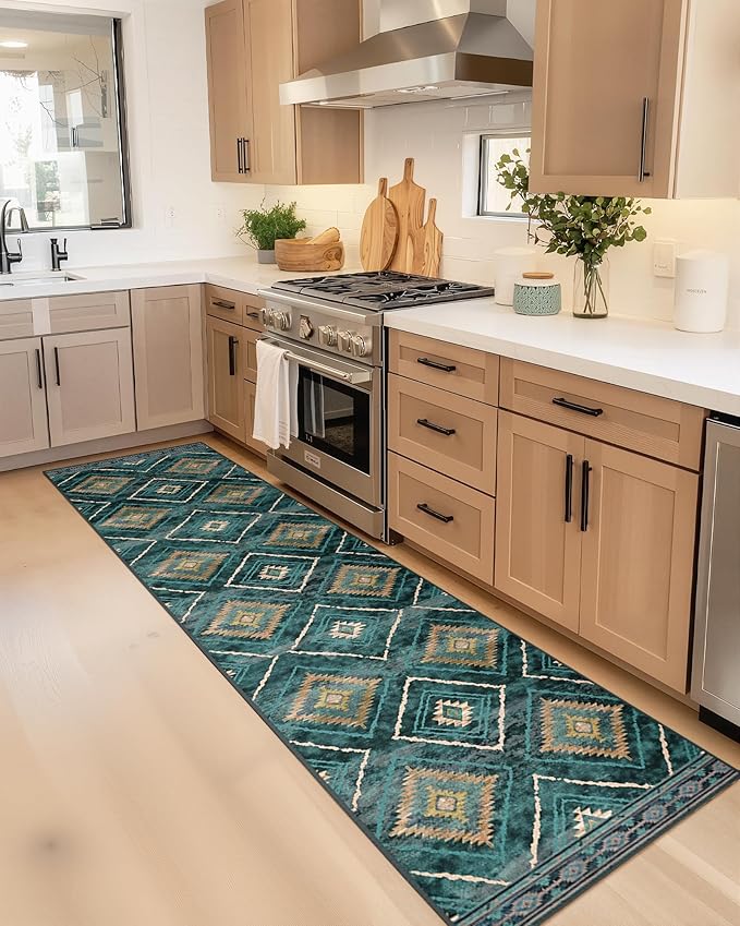 Area Rug 2x10 Rug Machine Washable Non-Slip Low Pile Print Pattern Western Rug for Living Room Bedroom Entryway Tribal Series -Teal/Green