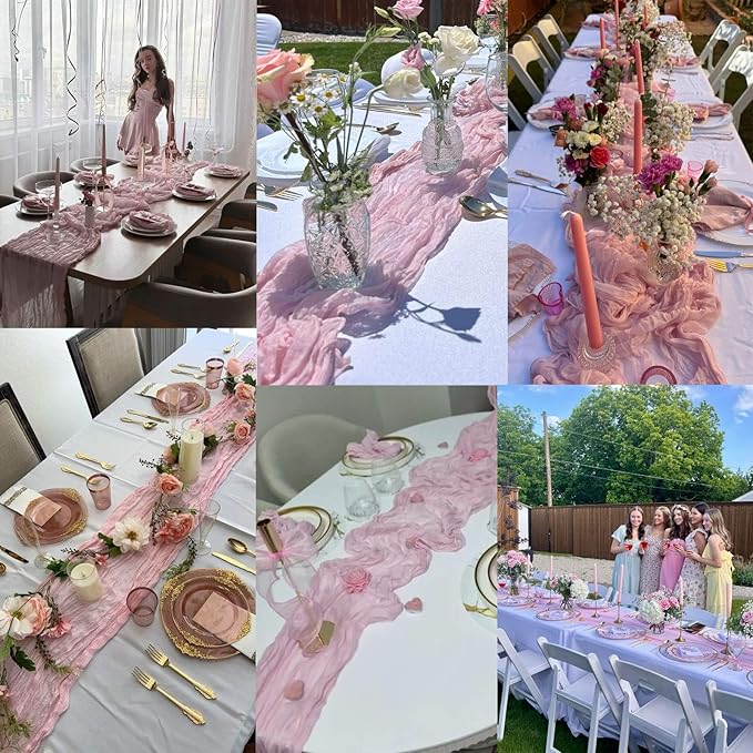 Light Pink Cheesecloth Table Runner Boho Gauze Cheese Cloth Runner 13.3FT Sheer Table Runner Summer Wedding Dining Decorations for Holiday Birthday Baby Shower Event Table Decorations for Party