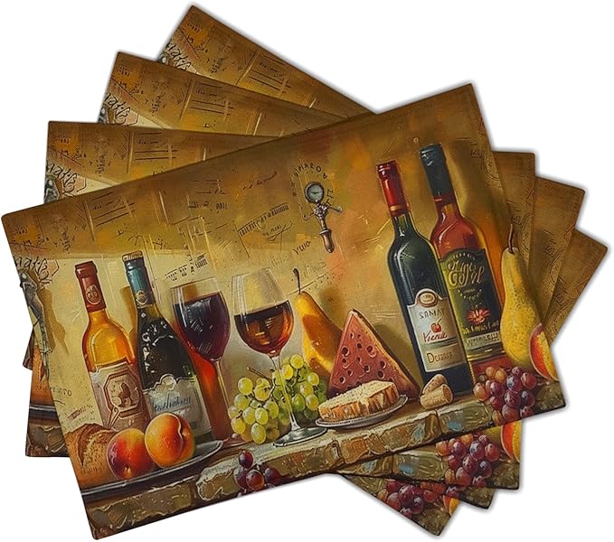 Giwawa Wine Placemats Set of 4 Vintage Style Red Wine Glasses Bottles Linen Table Place Mats Washable Non-Slip Heat Resistance 12"x18" for Kitchen Dining Farmhouse Party Decor
