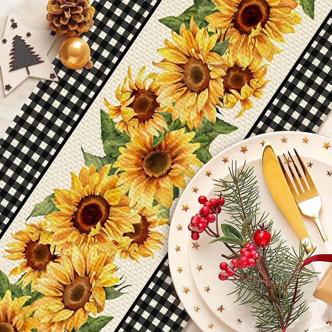 Sunflower Table Runner Kitchen Dining Linen Table Decoration for Indoor Outdoor Home Party Dinner 13x72 Inch