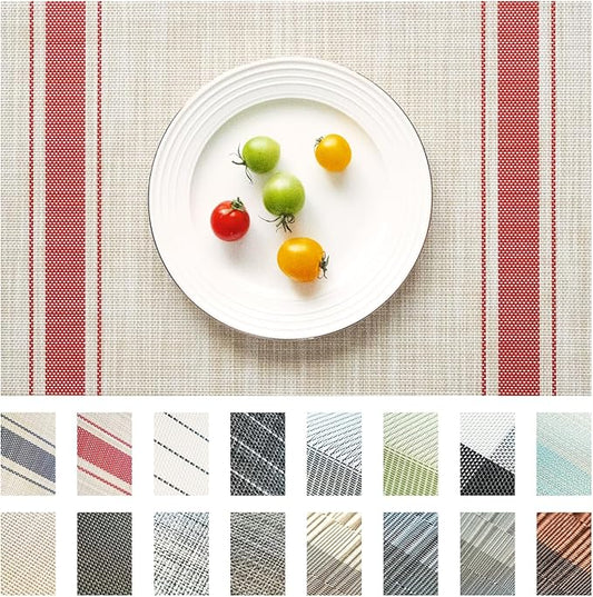 Placemats Set of 6 Vinyl/Plastic Woven Place Mats for Kitchen Table Indoor/Outdoor Washable Placemat Wipeable Dining Table Mats (Khaki Red,6)