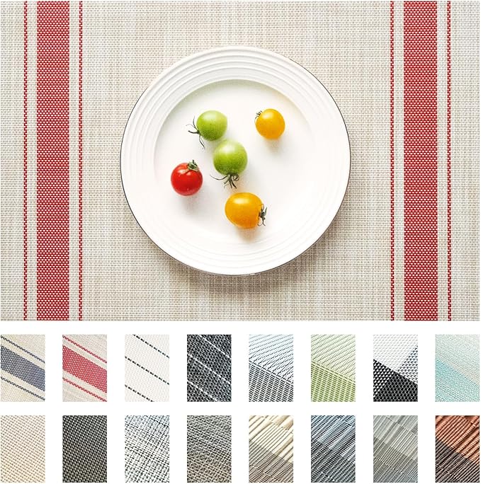 Placemats Set of 4 Vinyl/Plastic Woven Place Mats for Kitchen Table Indoor/Outdoor Washable Placemat Wipeable Dining Table Mats (Khaki Red,4)