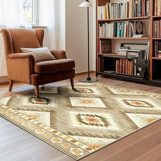 Area Rug 4x4 Rug Machine Washable Non-Slip Low Pile Print Pattern Western Rug for Living Room Bedroom Entryway Tribal Series -Cream/Camel