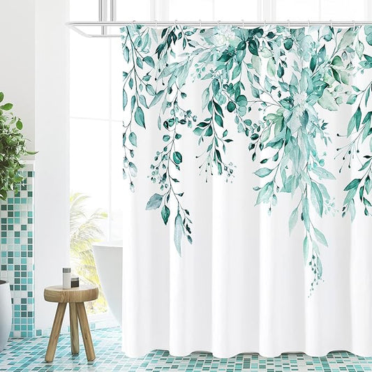 Gibelle Extra Long Shower Curtain 72 x 84, Teal Floral Shower Curtain for Bathroom, Watercolor Plant Eucalyptus Leaves Fabric Shower Curtain Set with Hooks