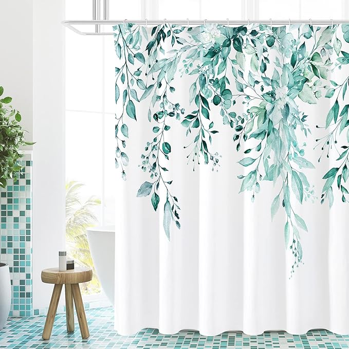 Gibelle Long Shower Curtain 72 x 78, Teal Floral Shower Curtain for Bathroom, Watercolor Plant Eucalyptus Leaves Fabric Shower Curtain Set with Hooks