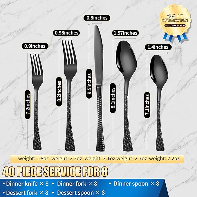 Hammered Black Silverware Set for 8,Stainless Steel 40-Piece Modern Cutlery Set,Mirror Polished Heavy Duty Flatware Set Utensil Set,Knives Spoons and Forks Set,Dishwasher Safe