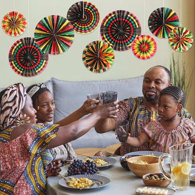 Outus Black History Month Decorations Paper Fans Juneteenth Hanging Paper Fans Kente Ceiling Wall Garland for African American Party Bulletin Board Classroom Decor(9 Pcs,Classic)