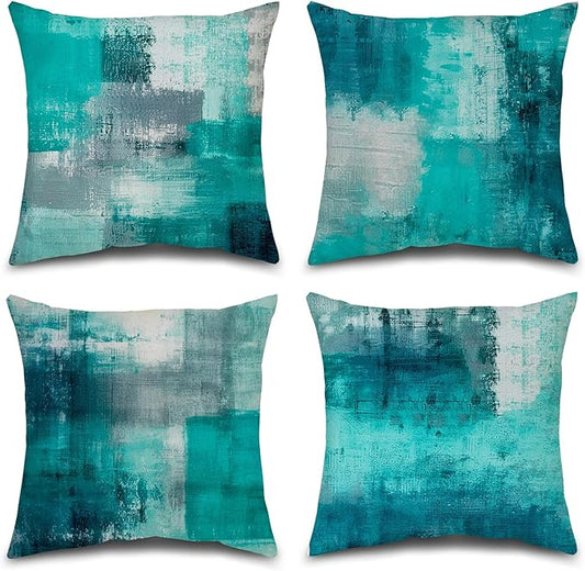 Teal and Gray Throw Pillow Covers,Set of 4 20 x 20 Inch Turquoise Modern Abstract Art Artwork Decorative Pillow Cushion Covers for Couch Bedroom Living Room