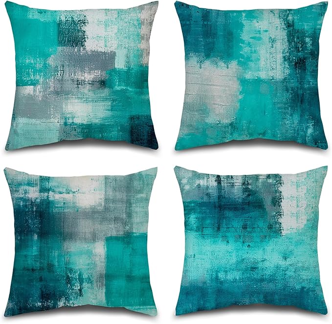Teal and Gray Throw Pillow Covers Set of 4 18 x 18 Inches,Turquoise Modern Abstract Art Artwork Decorative Pillow Cushion Covers for Couch Bedroom Living Room