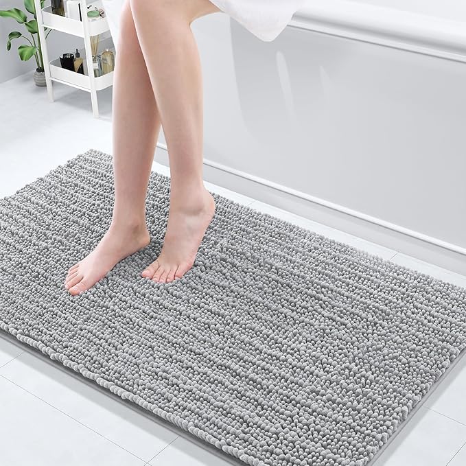 Arotive Luxury Chenille Bathroom Rug Mat, Extra Soft Thick Absorbent Shaggy Bath Rugs, Non-Slip Machine Wash Dry, Plush Bath Mats for Bathroom, Shower and Tub, 54x24, Light Grey