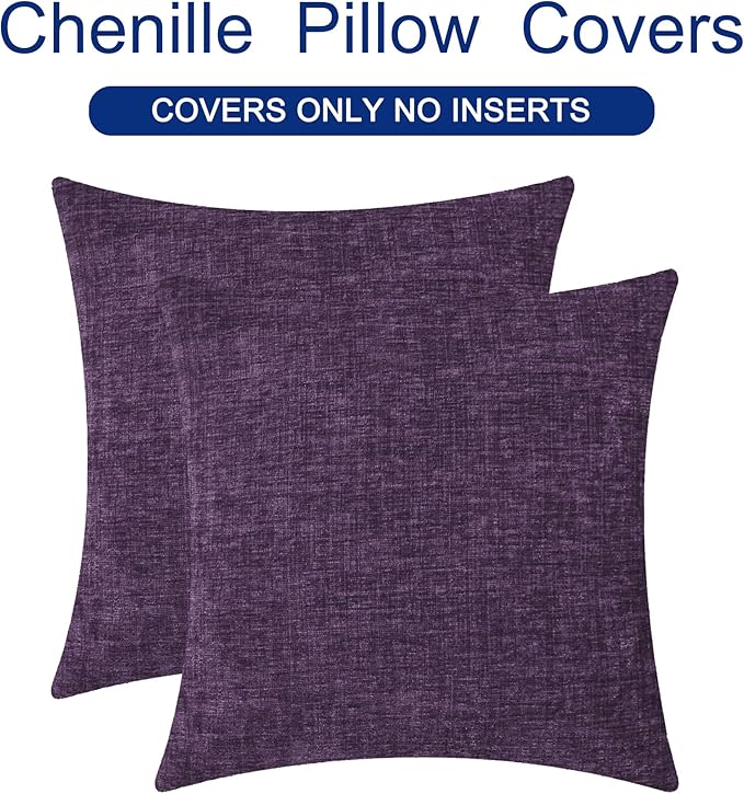 CaliTime Throw Pillow Covers Decorative 18 X 18 Inches Pack of 2 Cozy Chenille Cushion Cases for Couch Sofa Bed Living Room Home Plum Purple