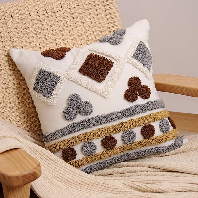 lifein 18x18 Pillow Covers-Throw Pillow Cover,Tufted Boho Jacquard Pillow Covers,Farmhouse Decorative Pillow Cover,Pillow Cases for Gift,Couch,Sofa,Bed,Chair,Living Room,Home Decor(18x18inch)