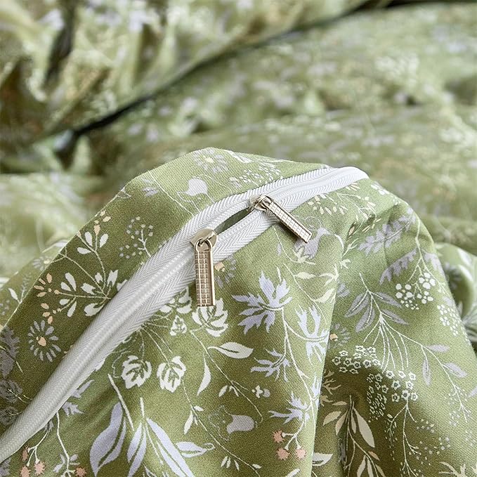 mixinni 3 Pieces Duvet Covers Full Size, 100% Cotton Comforter Cover Wildflower Printed on Army Green Floral Bedding Set with Zipper Closure 4 Ties (1 Duvet Cover 80"x90", 2 Pillow Cases 20"x26")