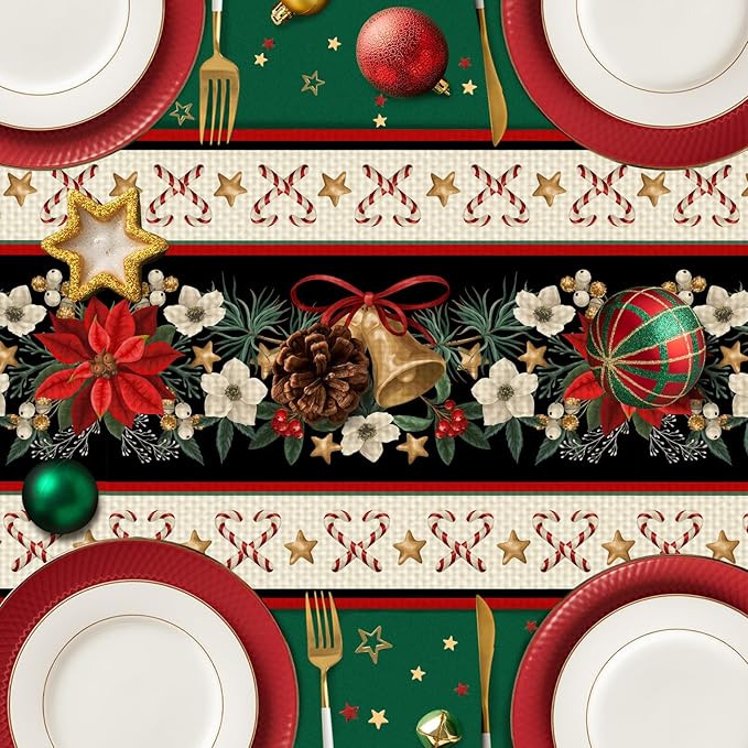 Christmas Bells Table Runner Burlap Kitchen Dining Linen Table Decoration for Indoor Outdoor Home Party Dinner 13x72 Inch