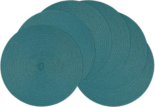SHACOS Round Placemats Set of 6 Washable 15 inch Round Table Mats Cotton Polyester Woven Braided Place Mats for Dining Table, Teal Green