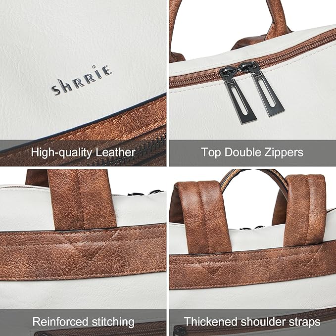 Shrrie 15.6 inch Laptop Backpack for Women,Large Leather Backpack Purse,Travel,Carry on,Water Resistant Casual Laptop Backpacks,College Backpack,Work Backpack for Women,Beige with Brown