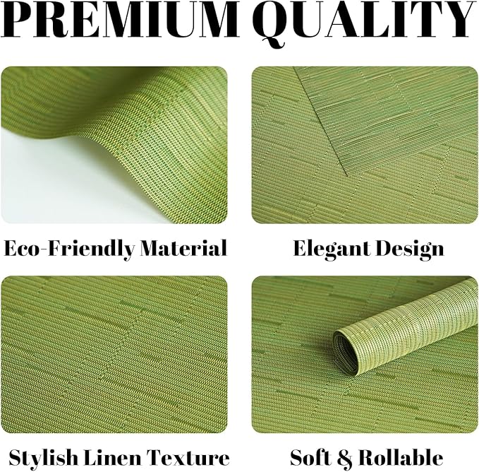 Placemats Set of 12 Vinyl/Plastic Woven Place Mats for Kitchen Table Indoor/Outdoor Washable Placemat Wipeable Dining Table Mats (Oliver Green,12)