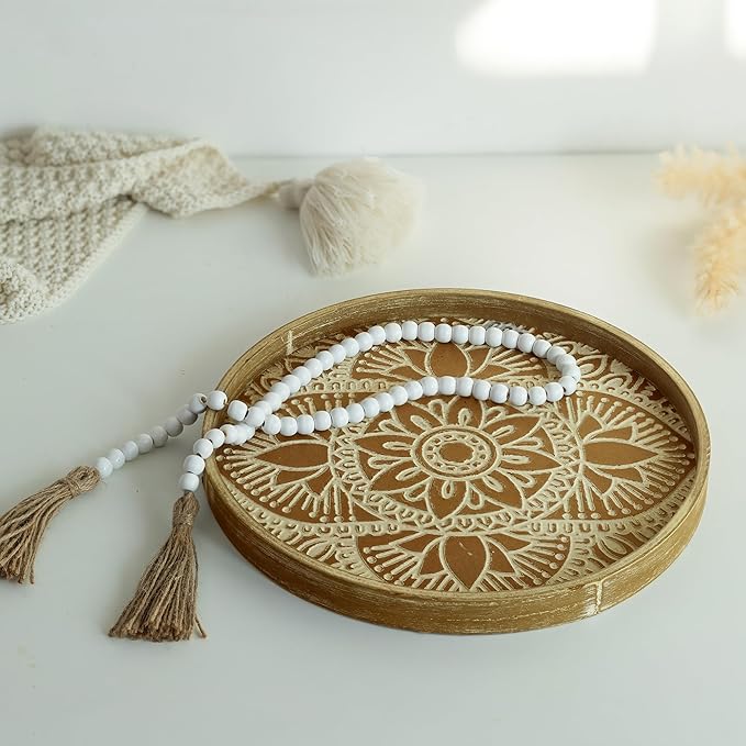 Hanobe Round Decorative Tray for Centerpiece: 2Pcs Vintage Coffee Table Trays with Boho Bead Garlandfor Home Decor - Farmhouse Wood Serving Platter Circle for Kitchen Counter Women