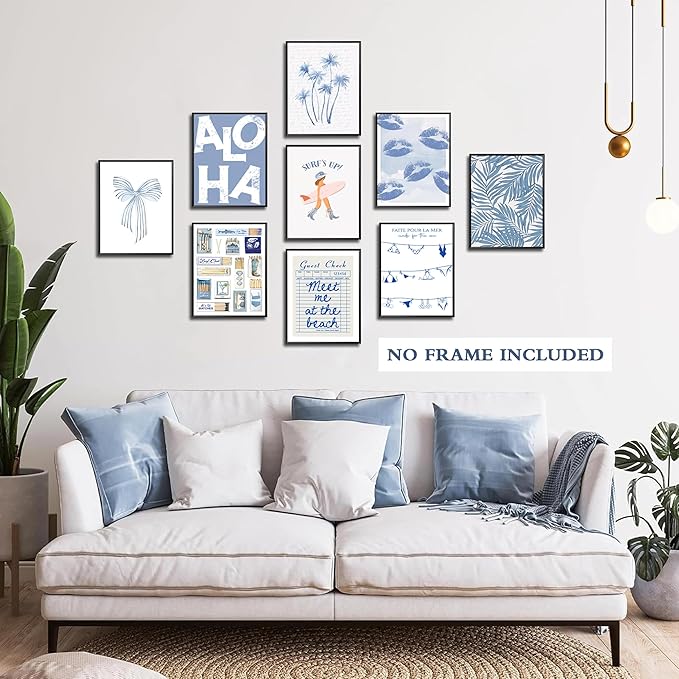 9Pcs Blue Coastal Poster Beach Cowgirl Wall Art Trendy Summer Aesthetics Painting Beachy Collage Ocean Picture Wall Decor Preppy Print for Hallway Bedroom And Living Home Frameless8x10Inch