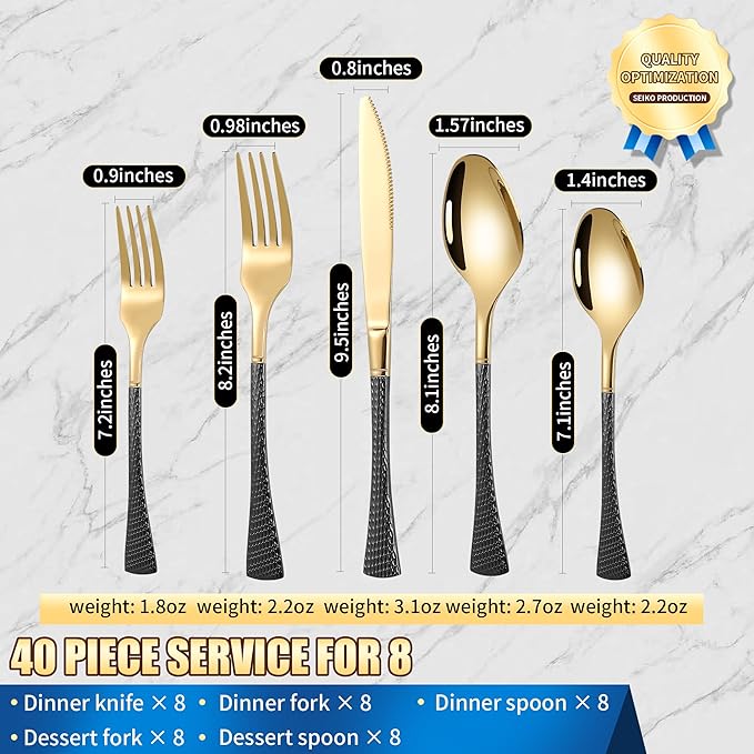 Hammered Black Gold Silverware Set for 8,Stainless Steel 40-Piece Modern Cutlery Set,Mirror Polished Heavy Duty Flatware Set Utensil Set,Knives Spoons and Forks Set,Dishwasher Safe
