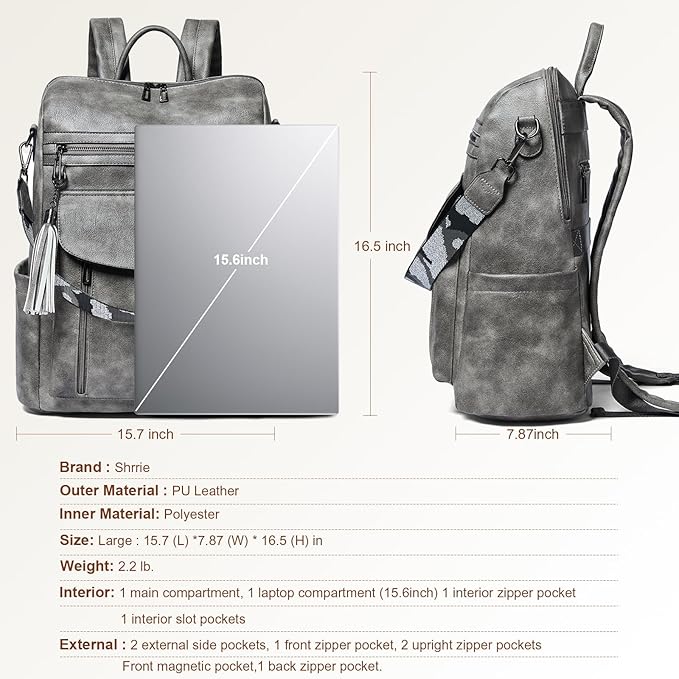 Shrrie Laptop Backpack for Women 15.6 inch,Travel Leather Backpack Purse Nurse Teacher Carry on Backpack Computer Bag,Professional Water-Resistant College Business Work Casual Daypack,Deep Gray
